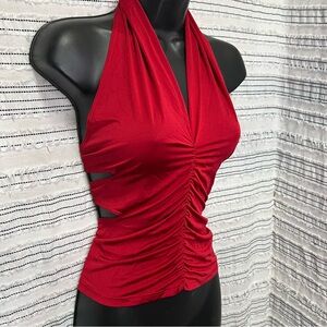 Y2K Red Halter Ruched Cutout Top Rhinestone Detail Stretch Med rave clubwear y2k